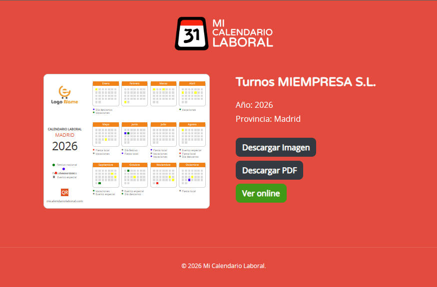 Ejemplo de calendario laboral personalizado para una empresa, con su nombre, su logotipo y las opciones de descarga y consulta online